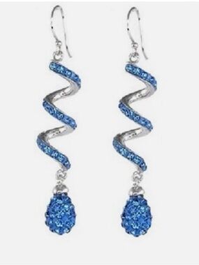 14 kt White Gold Plated Drop Swirl Earrings Featuring Blue Austrian Crystals